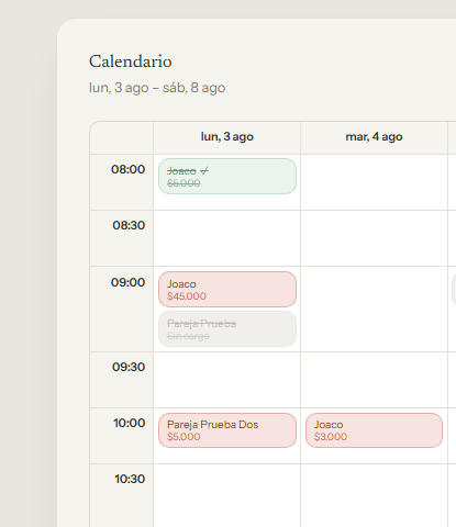 El calendario semanal: cada turno con el color de su estado de pago