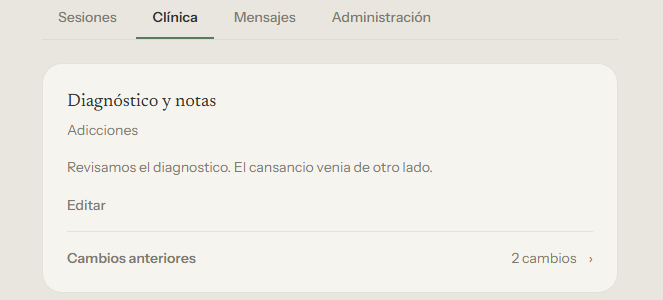 Diagnóstico, notas y el historial de cambios anteriores